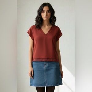 DKNY fire-red/orange sleeveless double V-neck blouse, sheer hemline, NWT, Small